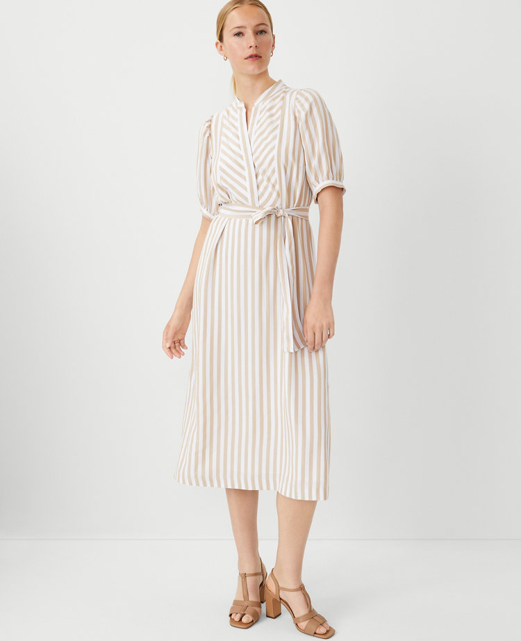 Petite Striped Puff Sleeve Midi Shift Dress