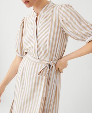 Petite Striped Puff Sleeve Midi Shift Dress