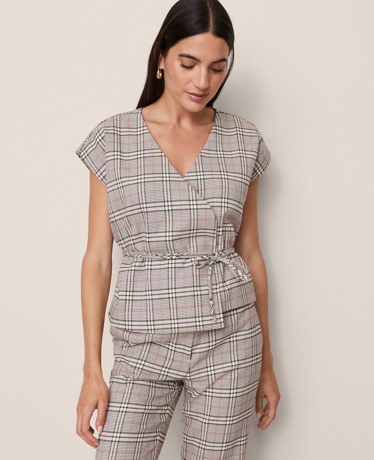 Plaid Wrap Tie Waist Blouse