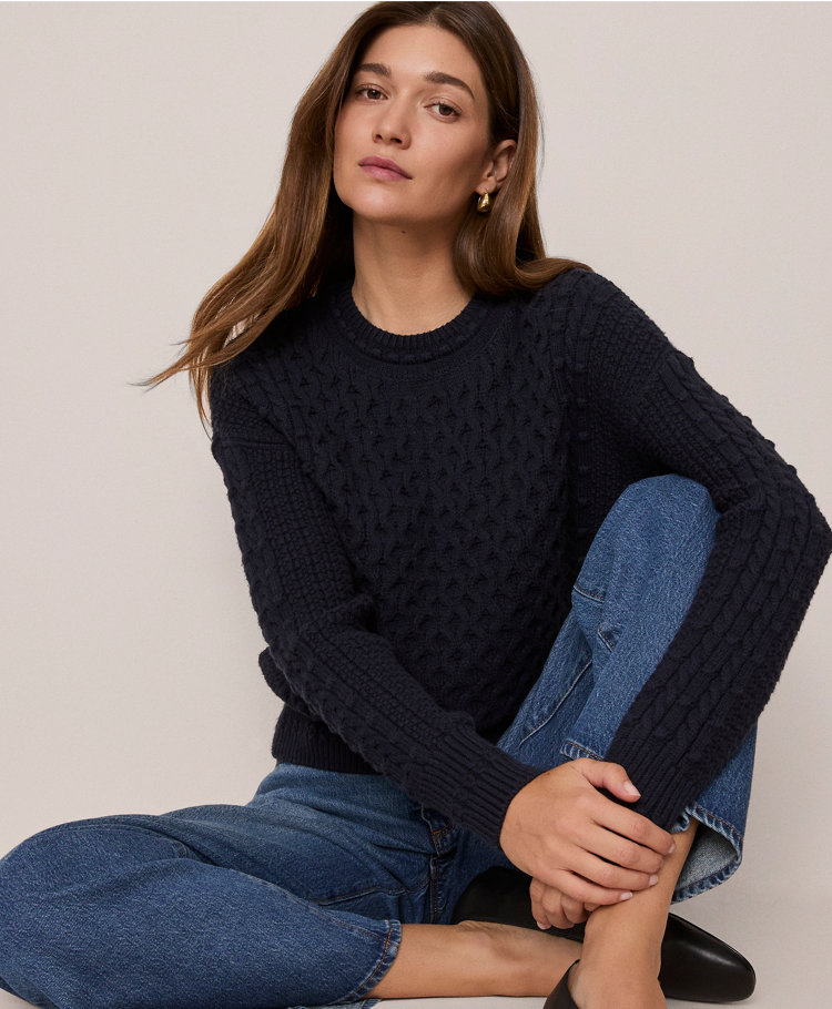 Weekend Collection Popcorn-Stitch Cable Sweater