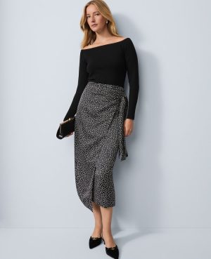 Dotted Side-Tie Satin Midi Skirt