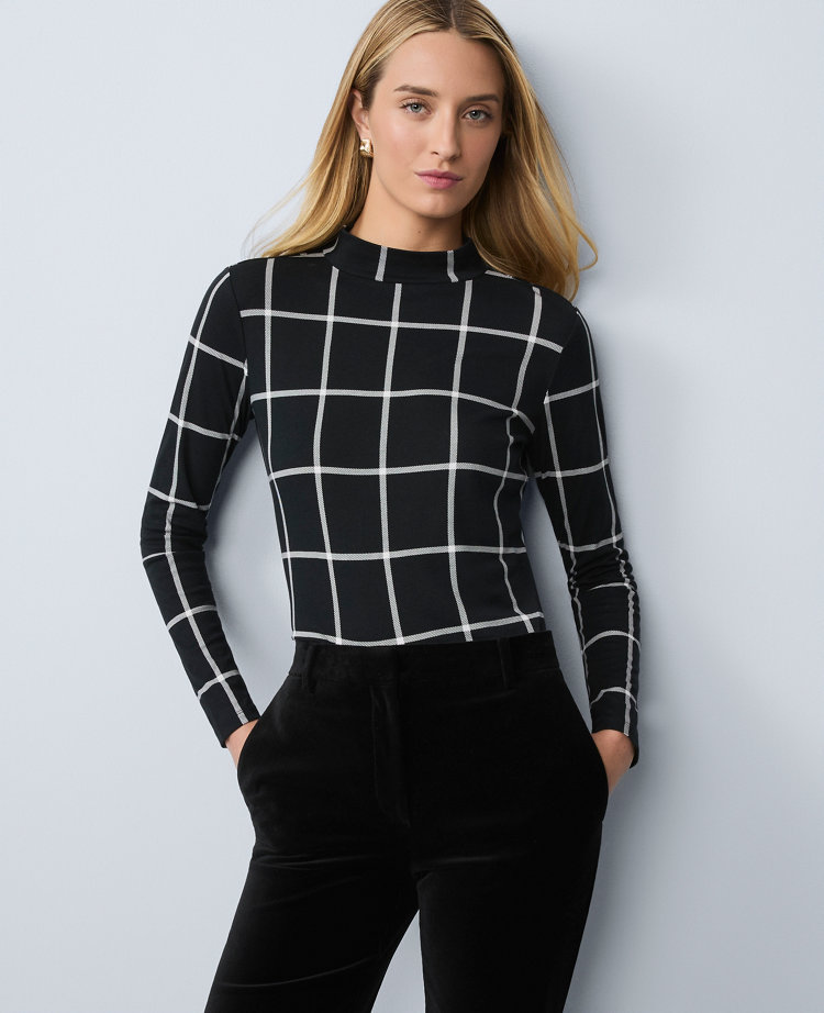 Windowpane Mock Neck Top