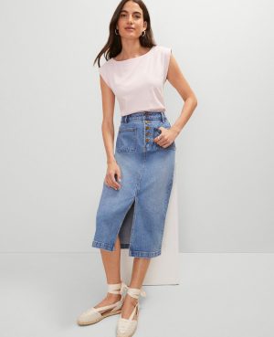 Petite Weekend Collection Patch Pocket Denim Midi Skirt