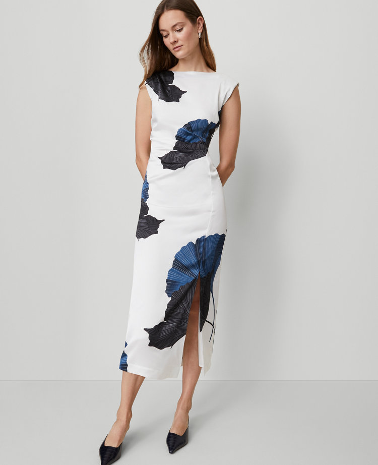 Asymmetric Floral Satin Sheath Dress