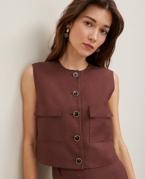 Petite Linen Blend Patch Pocket Vest