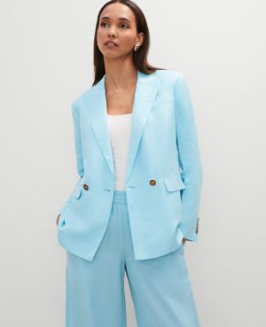 The Petite Relaxed Double Breasted Long Blazer in Linen Blend