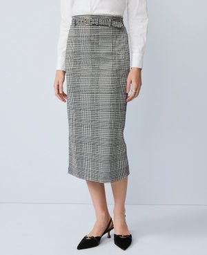 Petite Plaid Belted Midi Pencil Skirt