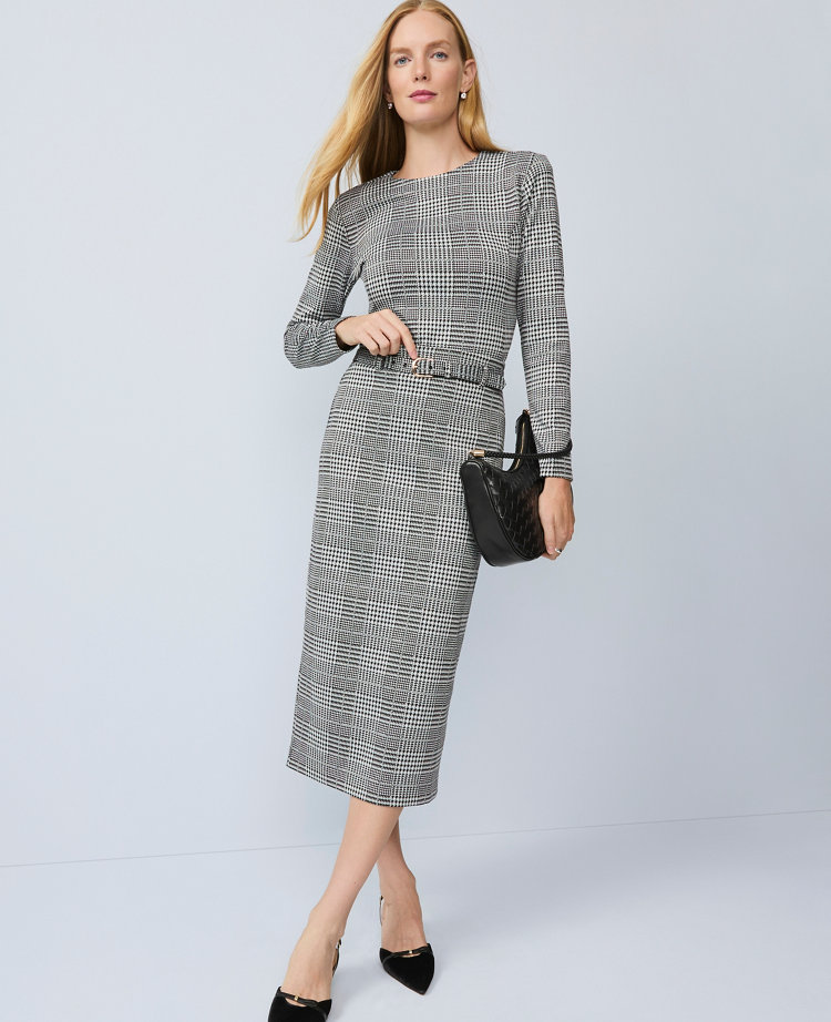 Plaid Belted Midi Pencil Skirt