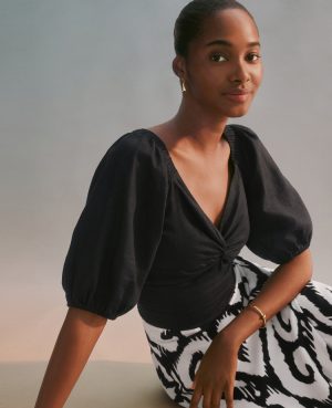 Petite Linen Blend Knotted Tie Back Blouse