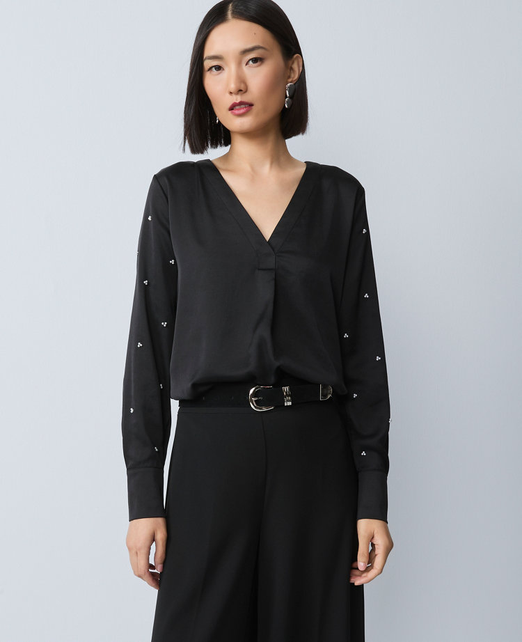 Pearl Embellished Mixed Media Top