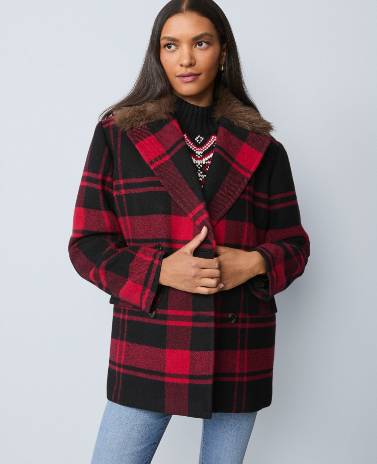Weekend Collection Plaid Faux Fur Trimmed Peacoat