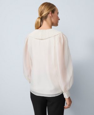 Petite Pleated Collar Tie Neck Blouse