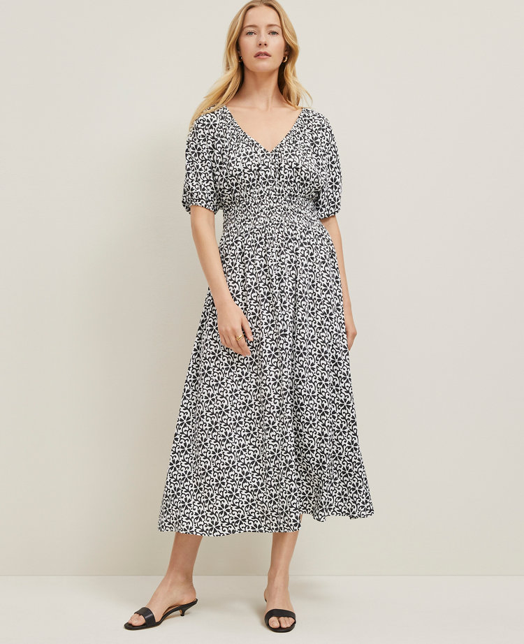 Petite Floral Smocked Puff Sleeve Dress