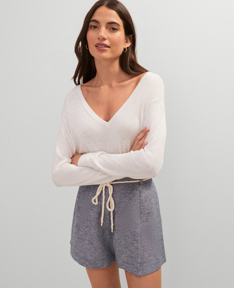 Petite Weekend Collection Linen Blend V-Neck Sweater
