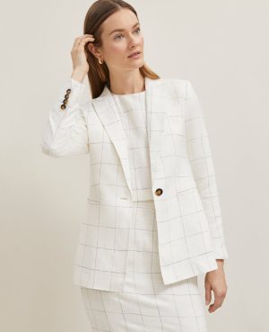 The Petite Fitted One Button Blazer in Windowpane Linen Blend