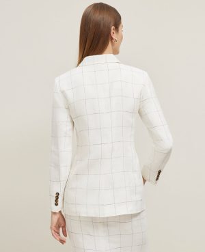 The Petite Fitted One Button Blazer in Windowpane Linen Blend